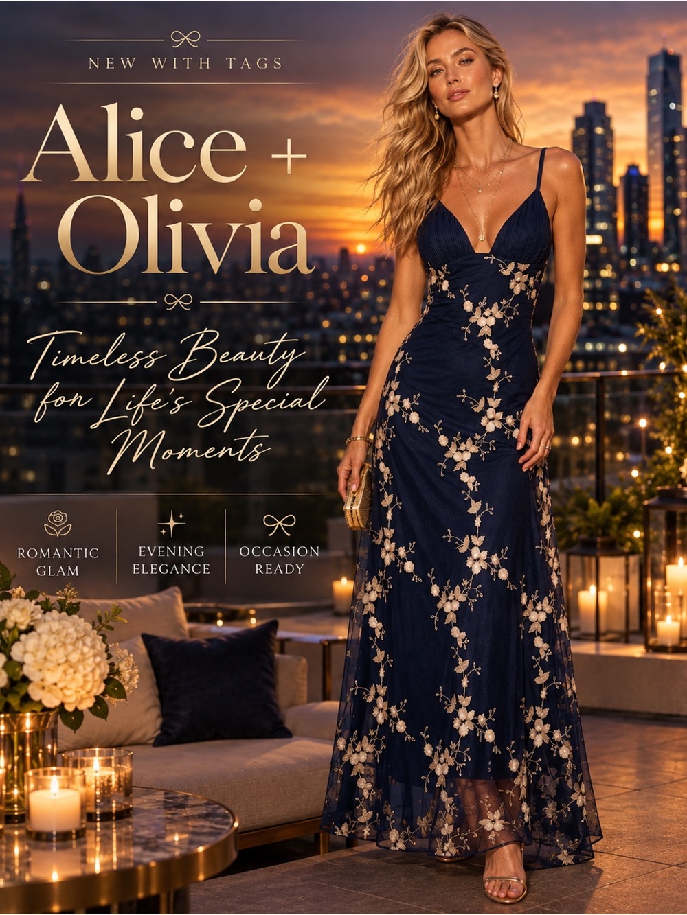 Alice + Olivia Navy Maxi Dress with Cream Floral Embroidery